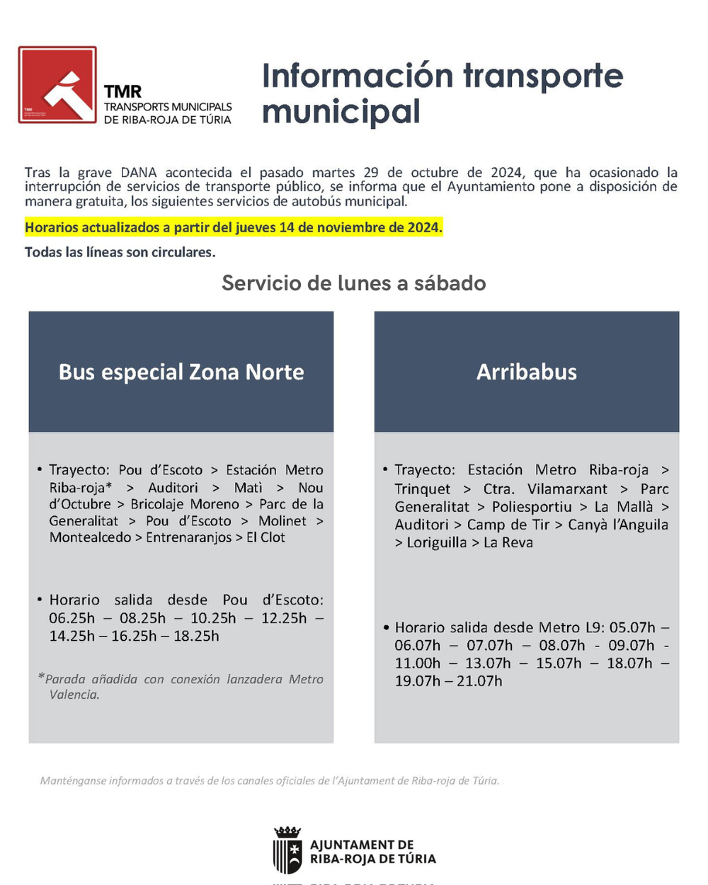 Informacin servicios de transporte con motivo de la DANA