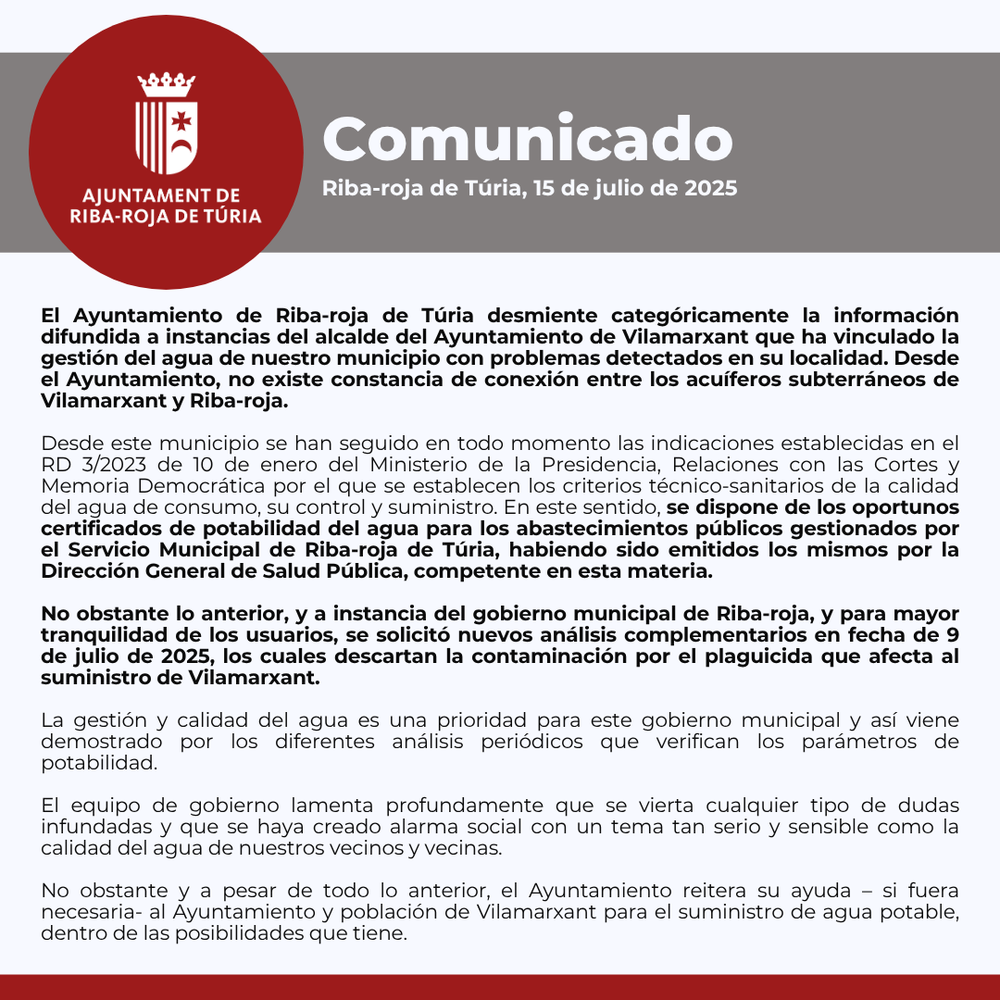 Comunicat gesti� aigua del nostre municipi amb problemes detectats en Vilamarxant