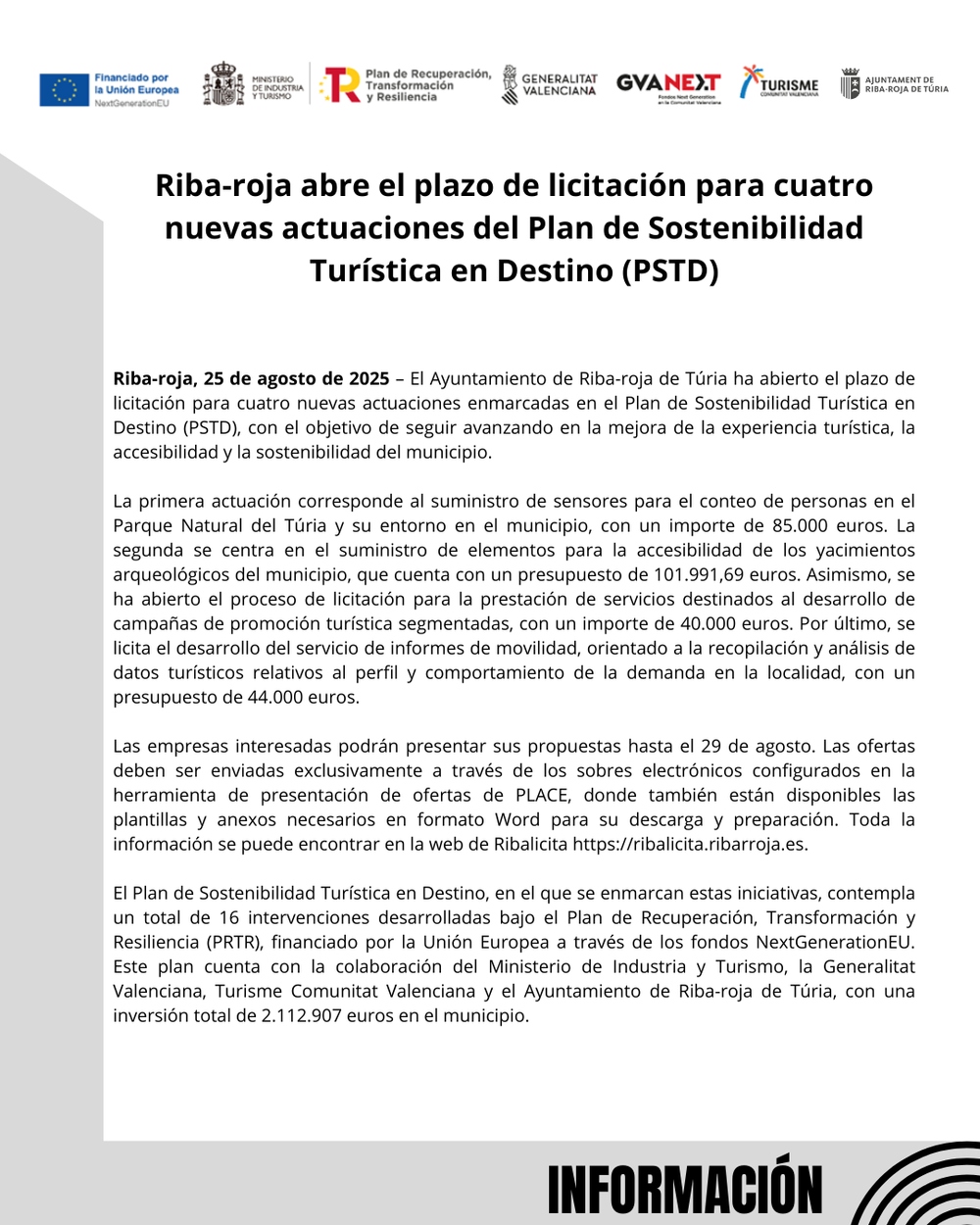 Riba-roja abre el plazo de licitaci�n para cuatro nuevas actuaciones del Plan de Sostenibilidad Tur�stica en Destino (PSTD)