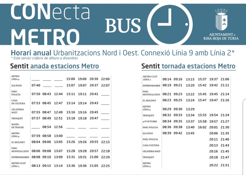 Riba-roja amplia el servei gratut del CONNECTA-METRO en horari vespert a les urbanitzacions de la zona Nord